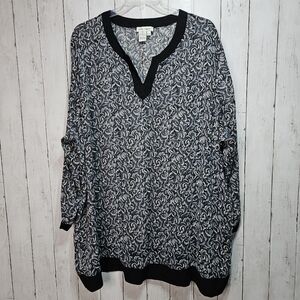 Ulla Popken Women's Black Gray Print Sheer 3/4 Sleeve Popover Shirt Size 32/34.